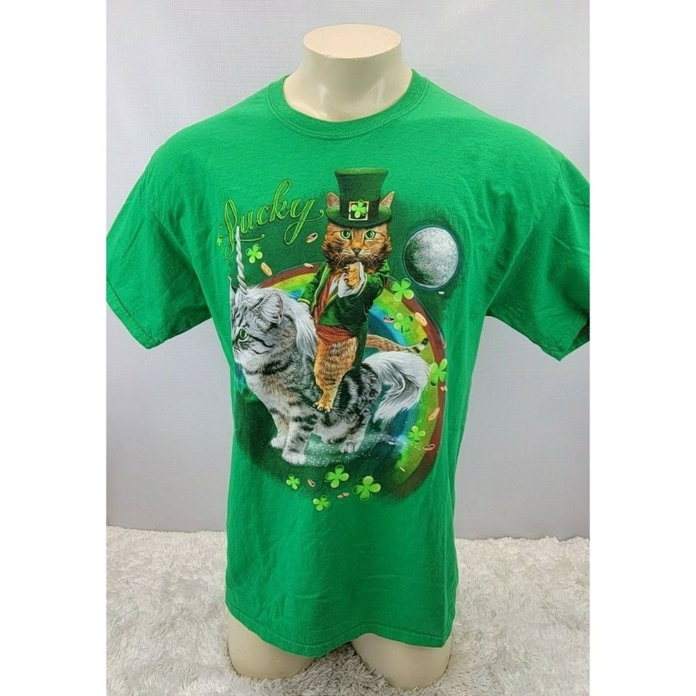 St. Patrick's Day Lucky Kitty Short Sleeve Tee Shirt Men Size Large Green